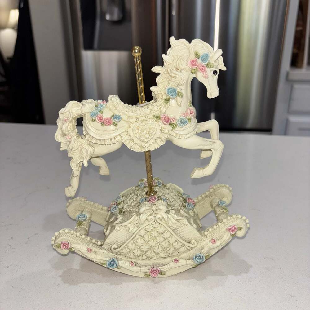 Vintage Beautiful Carousel Rocking Horse Music Box with Floral Decor